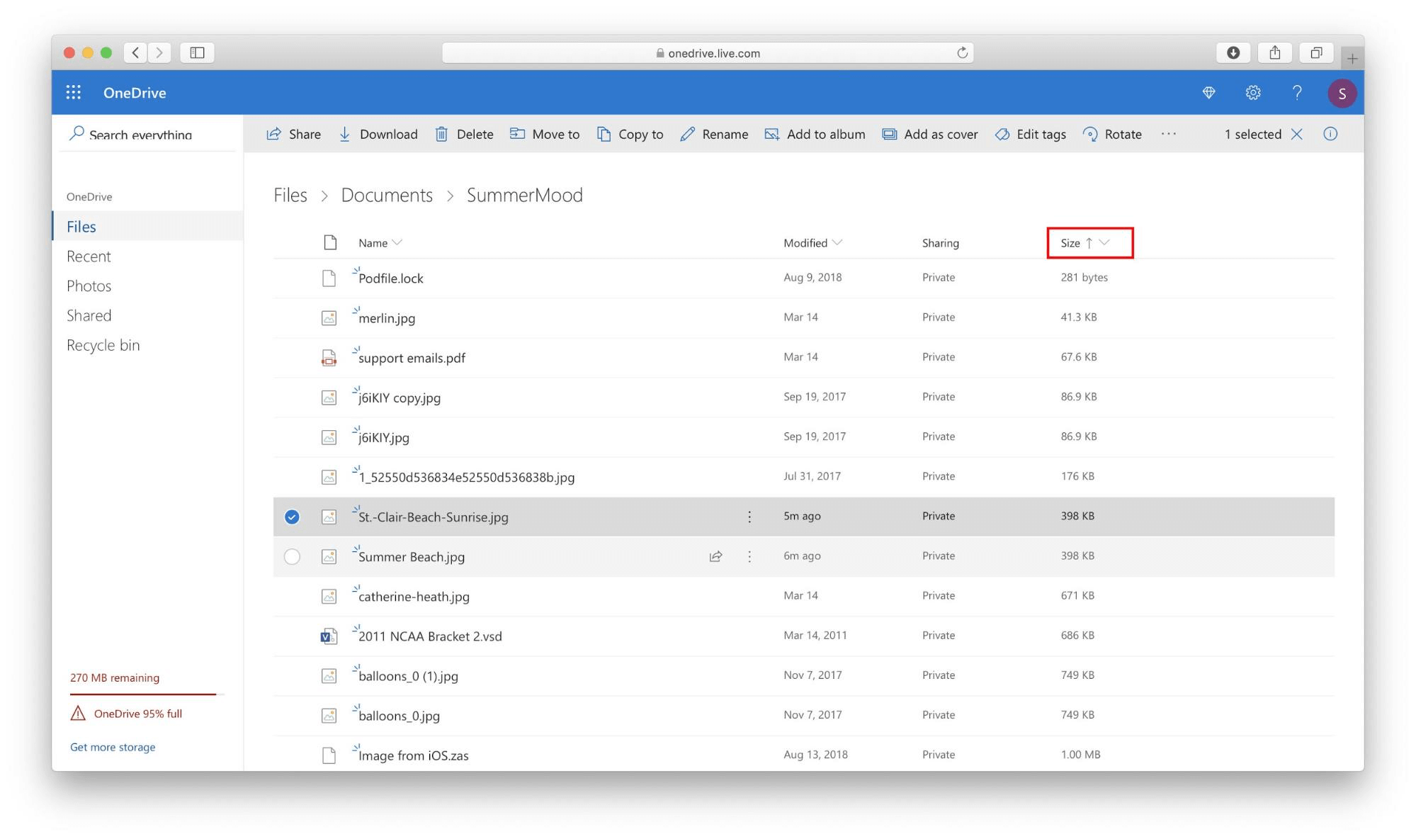 OneDrive account opened in browser with highlighted Size header cell