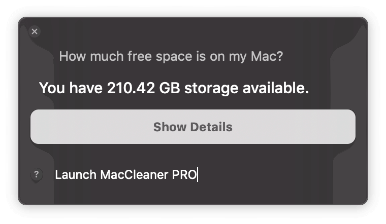 Notification window showing free space on Mac