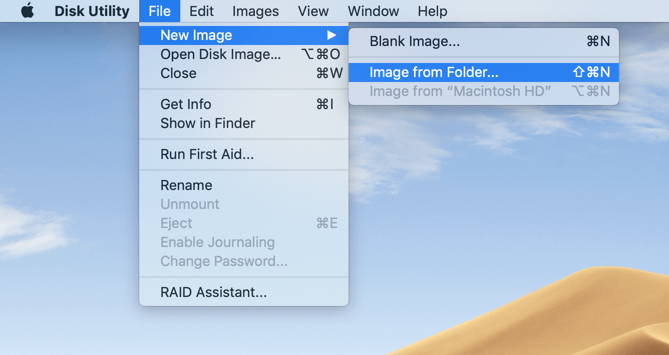 Image from Folder option selected in Disk Utility menu bar