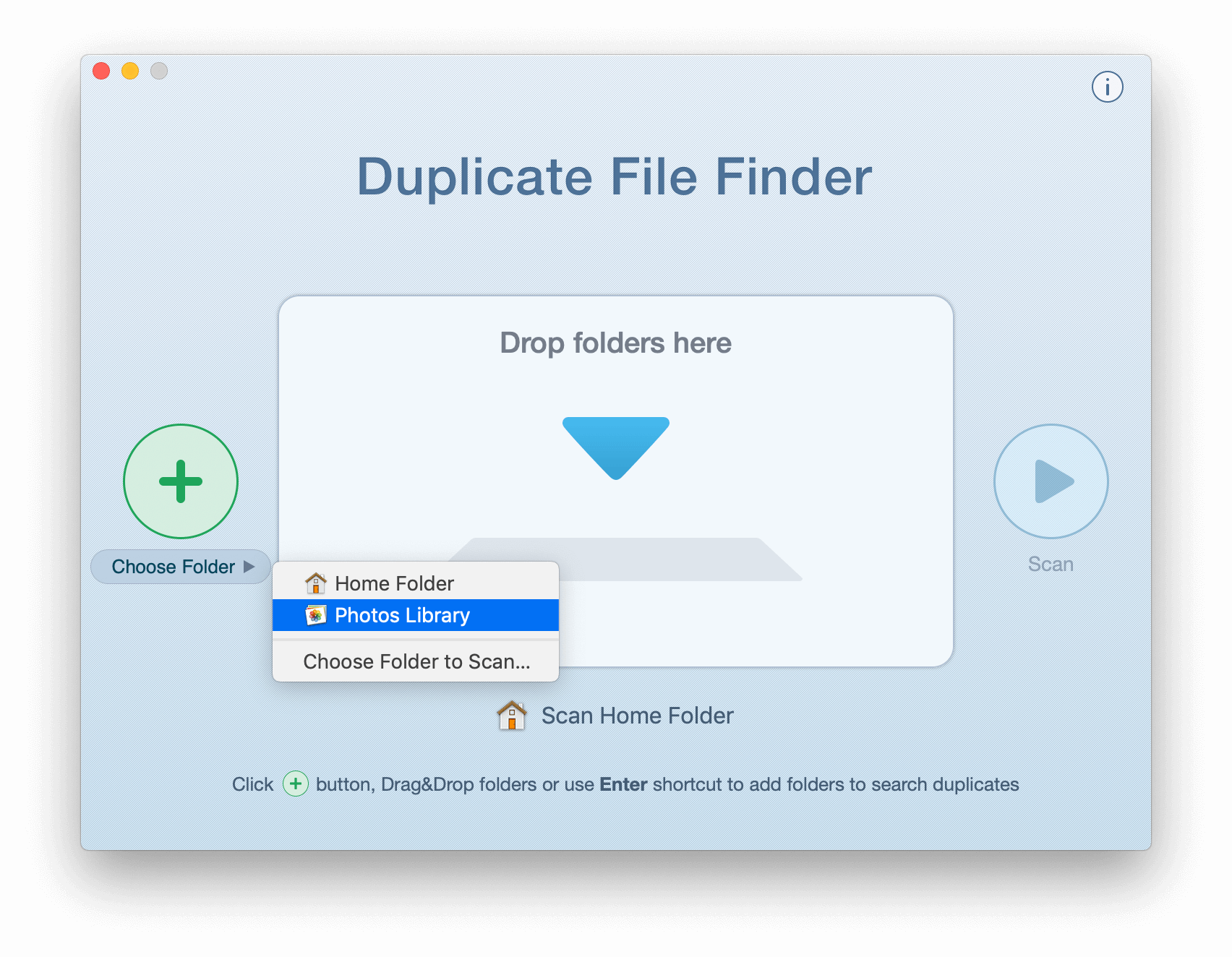 duplicate file finder start window with drop menu to choose folder for scanning
