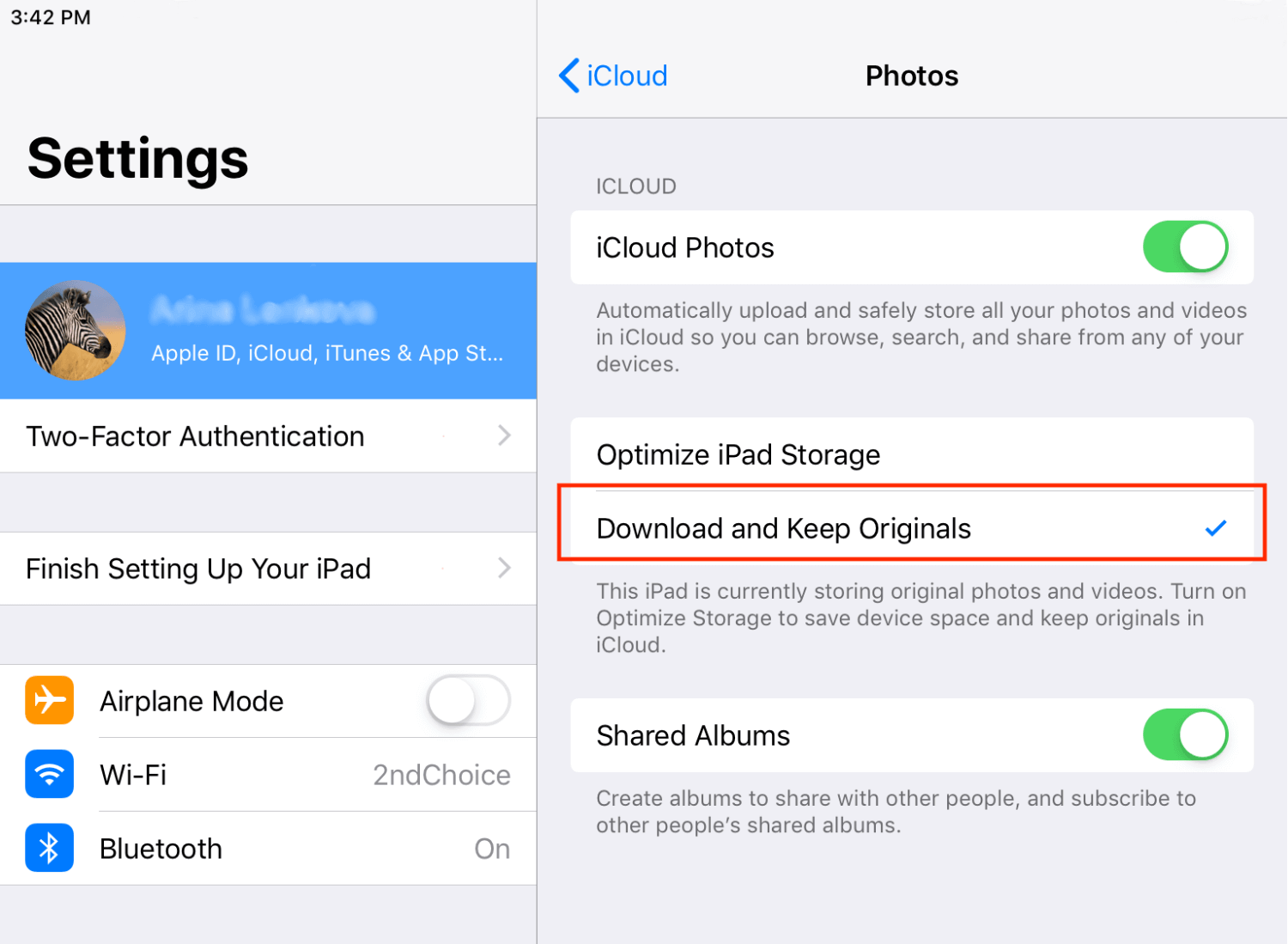 iCloud Photos settings showing Download and Keep originals option