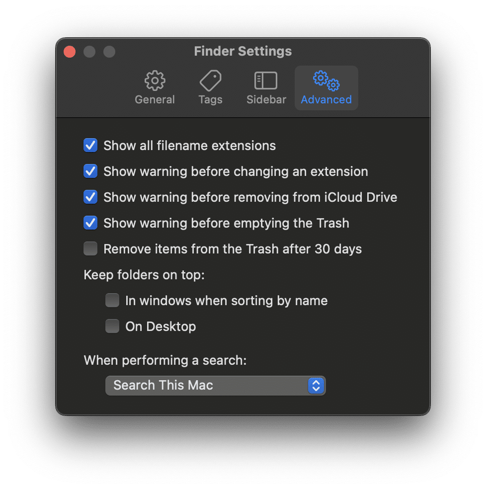 Mac Finder settings window