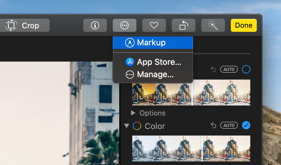 Markup option highlighted in Photos app