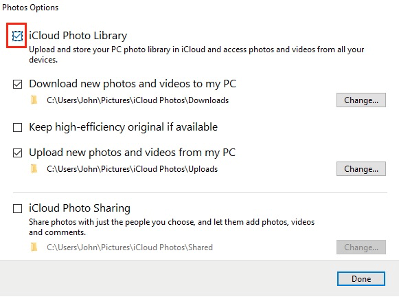iCloud for Windows application settings window