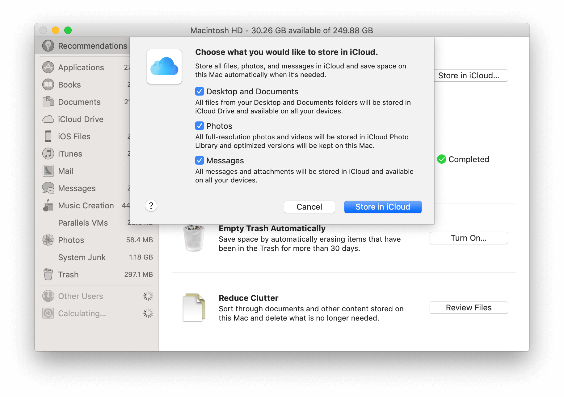 Confirmation window to store data in iCloud 