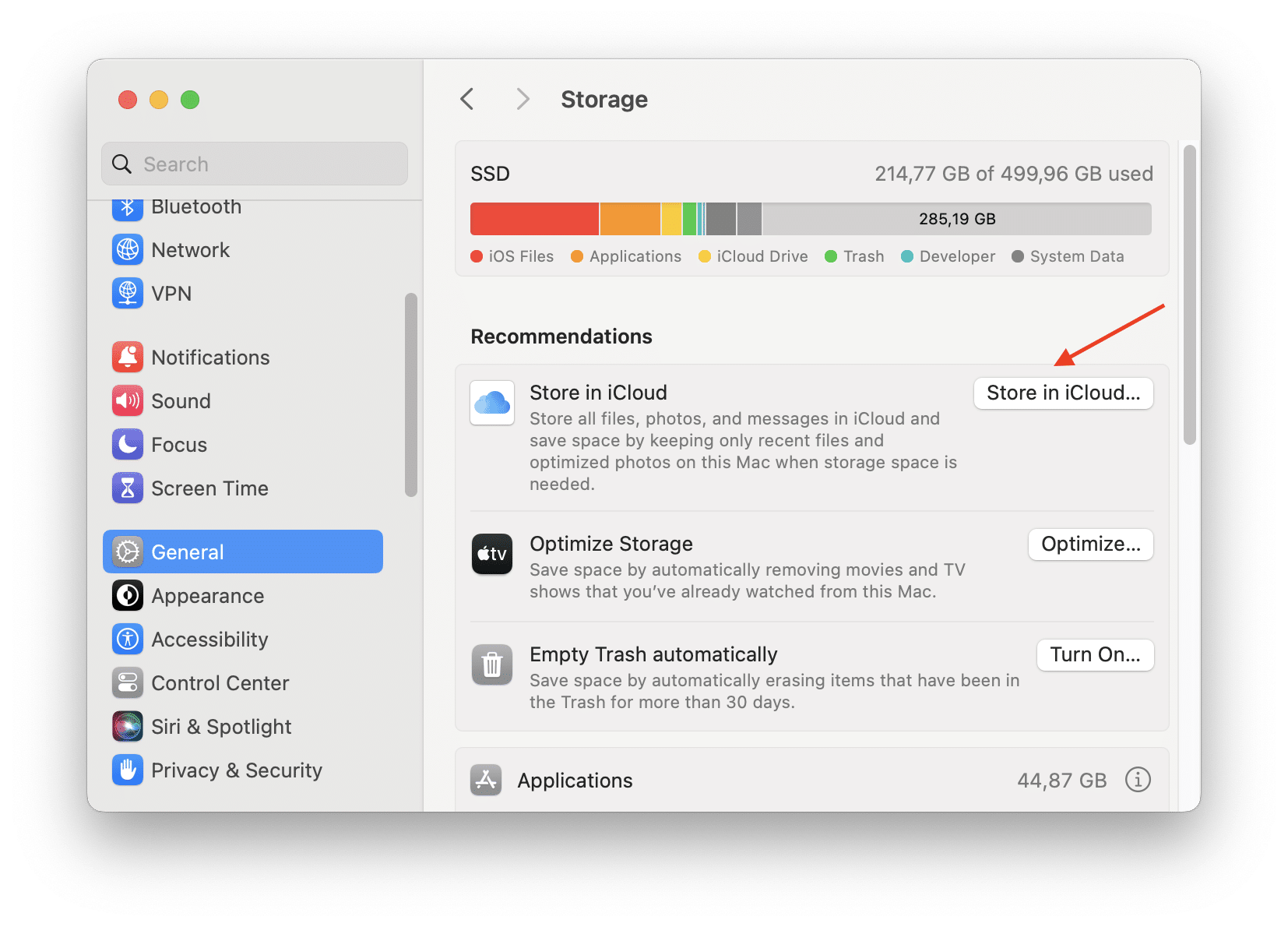 Storage settings window