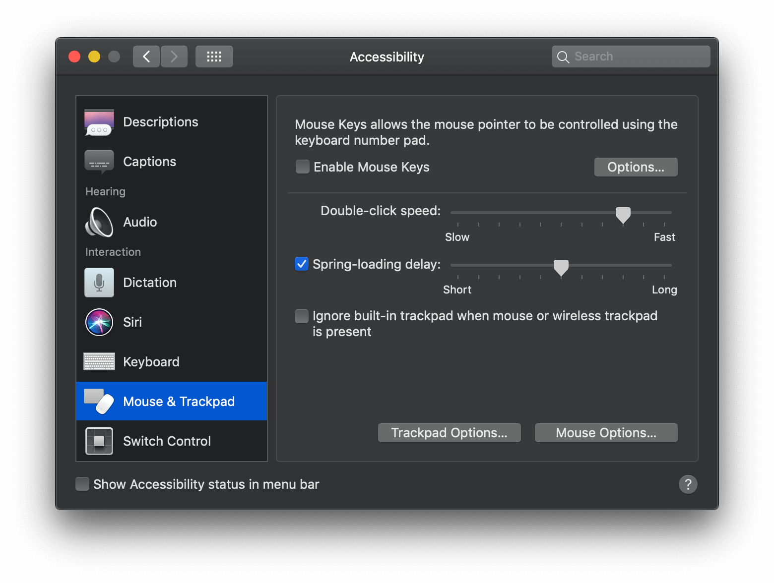 Mouse and trackpad accessibility window