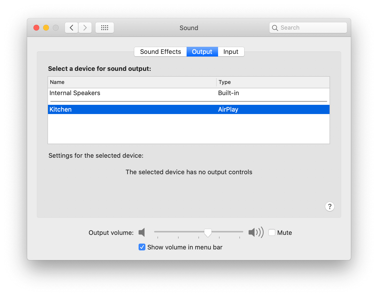 Sound preferences window for AirPlay on Mac