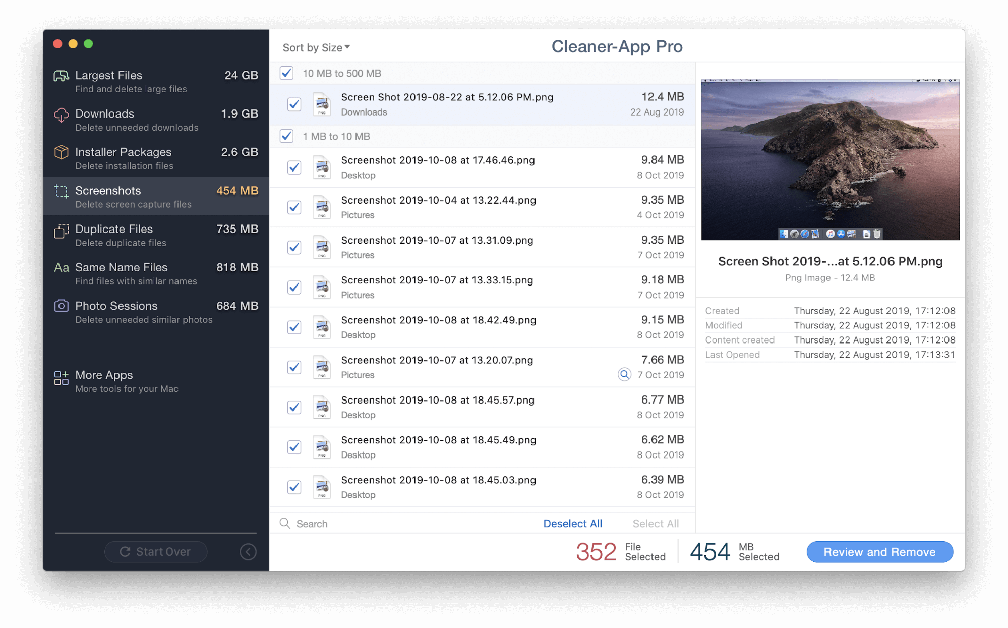 cleaner app window showing screenshots on mac