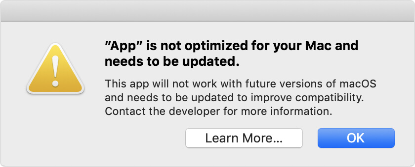 Notification that app is not optimized for Mac and need to be updated