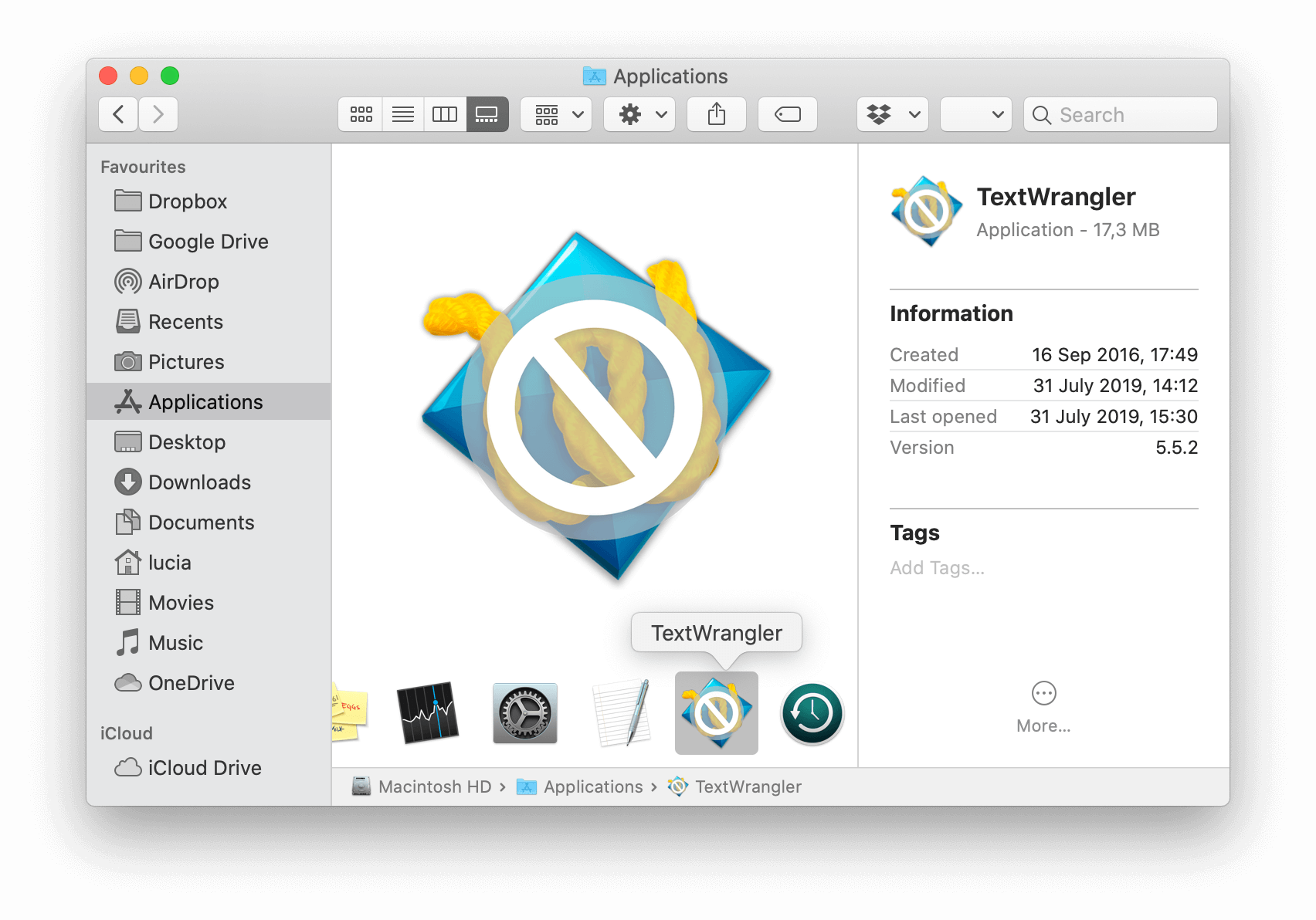 TextWrangler application disabled icon in Finder window macOS Catalina