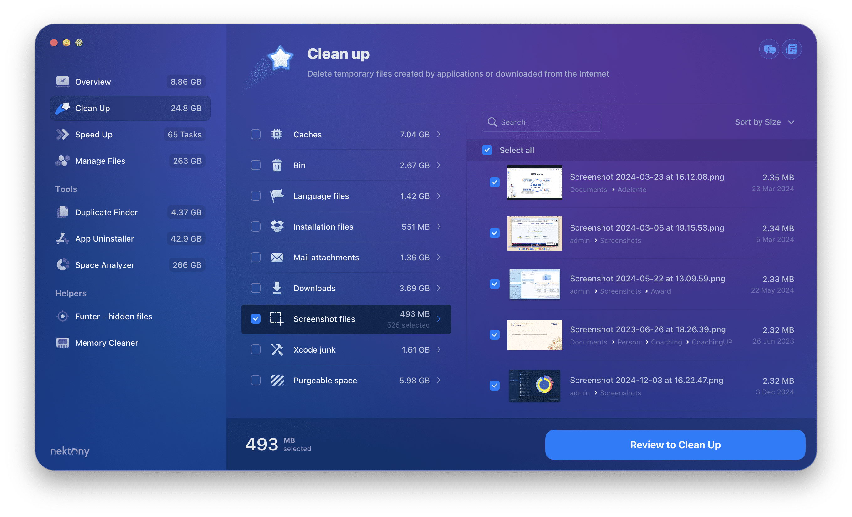 MacCleaner Pro showing screenshot files