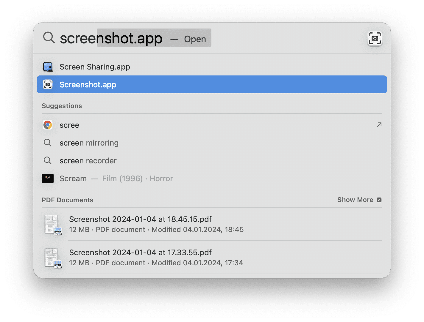 The Screenshot app in Spotlight