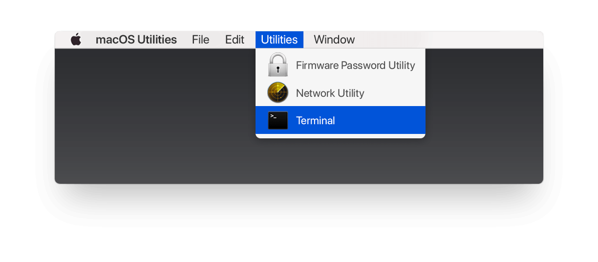 Choosing Terminal option in macOS Utilities menu bar
