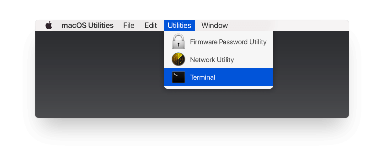 apple menu in recovery mode-utilities-terminal