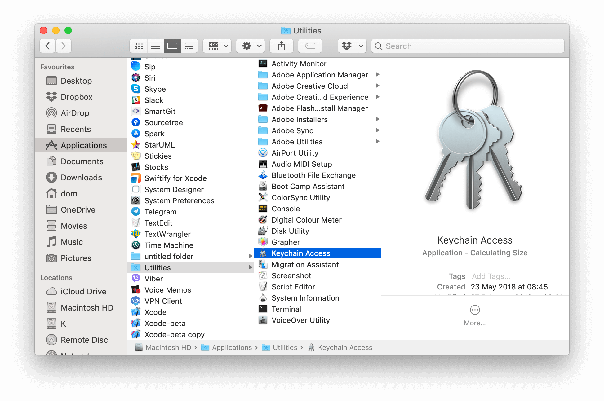 Applications folder showing Keychain Access password