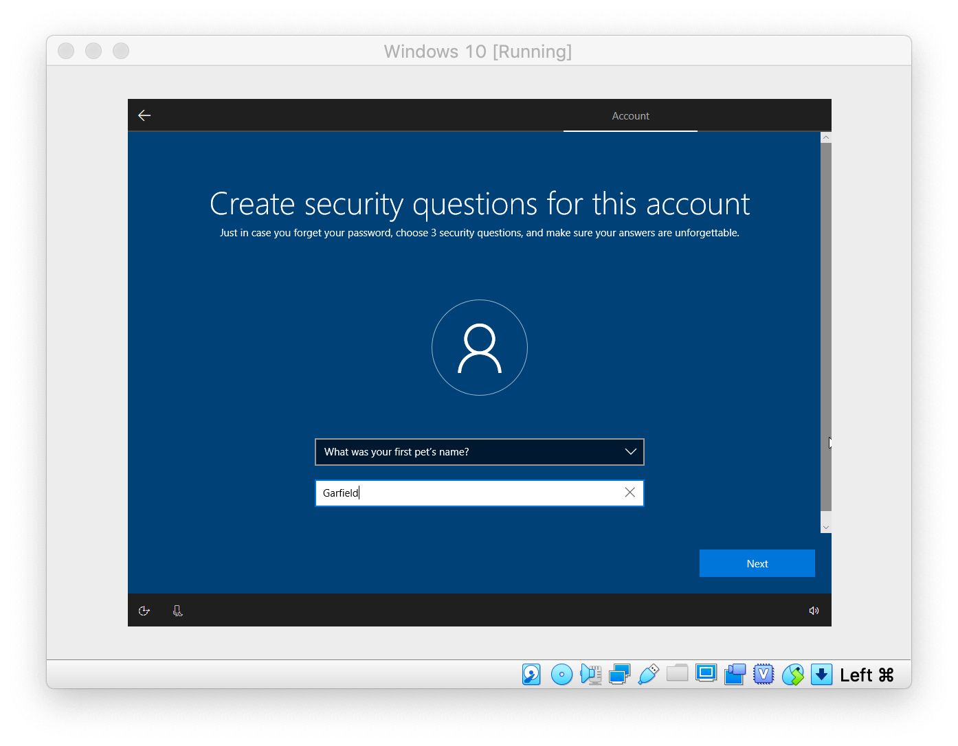 Windows Setup asking to create security questions