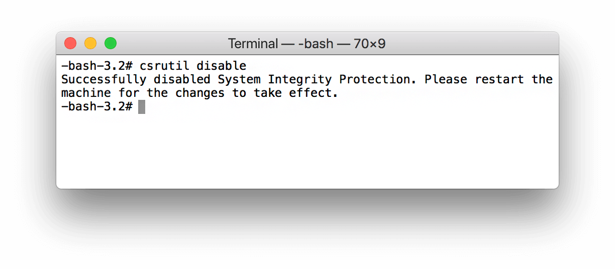 Terminal window with command for disabling SIP 