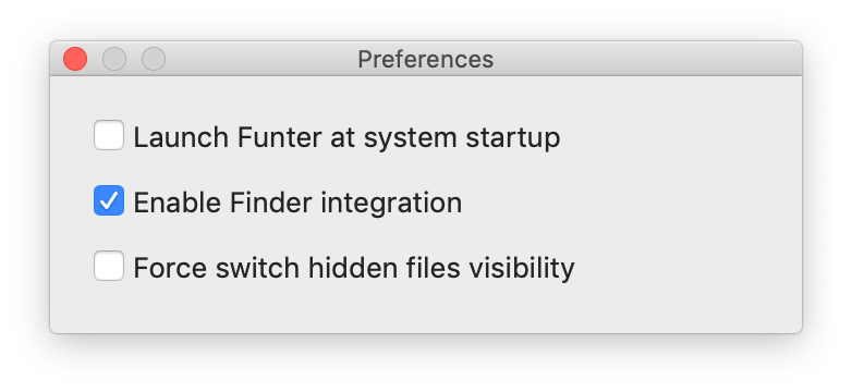 Funter Preferences showing Enable FInder Integration option