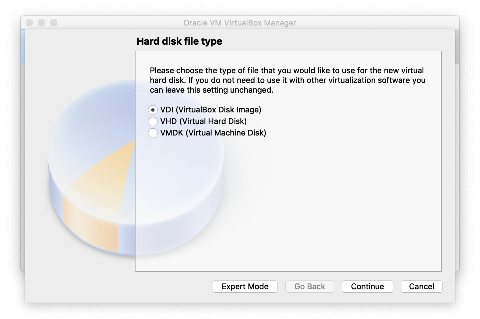 VirtualBox Manager asking to choose Hard disk file type
