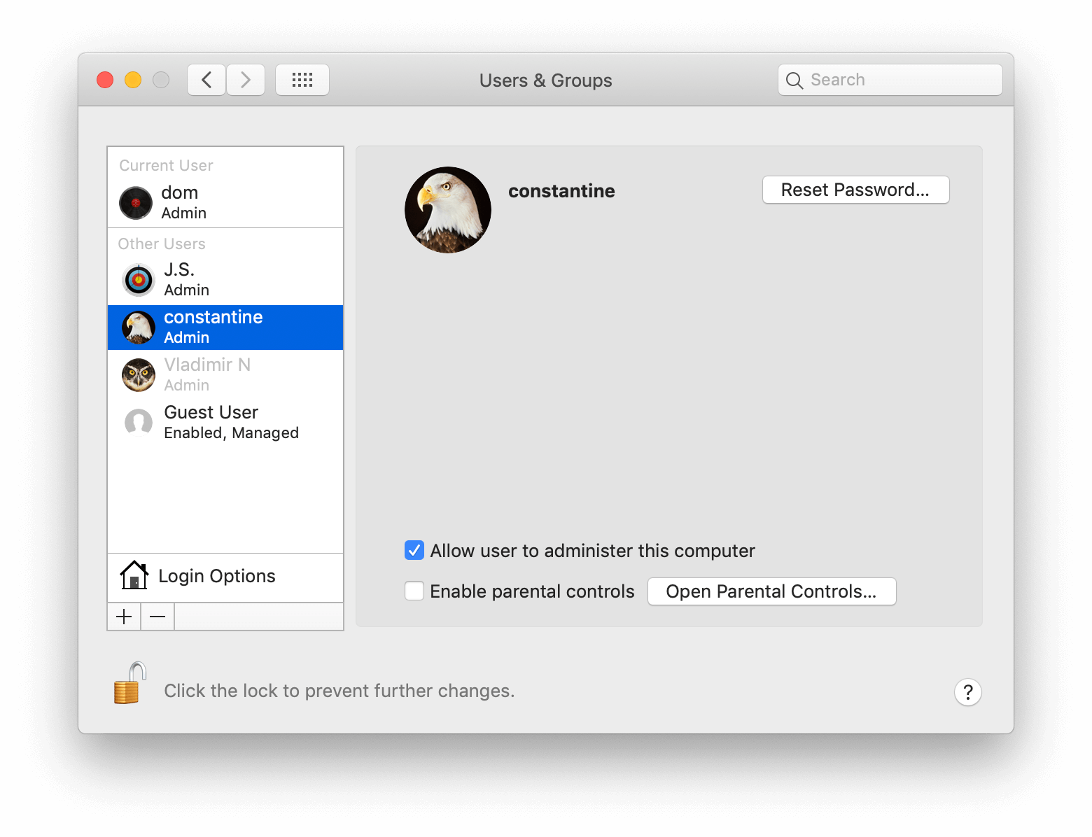 System Preferences window showing unlocked users