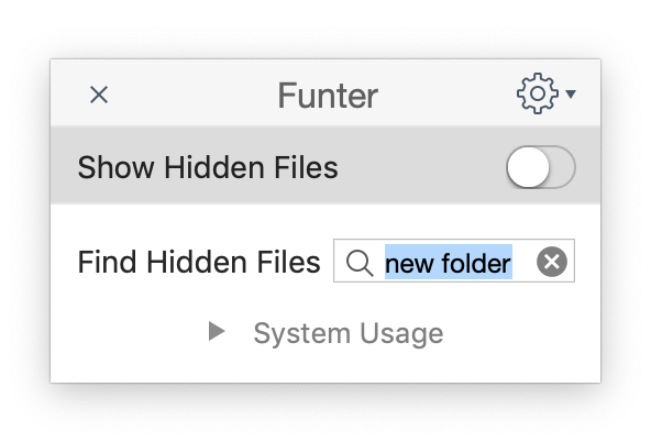funter window with New folder query in search field