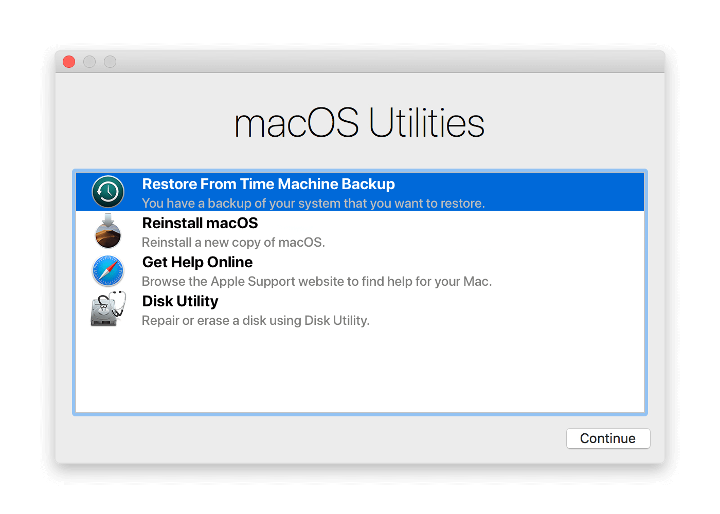 Restore From Time Machine Backup  selected in MacOS Utilities window 