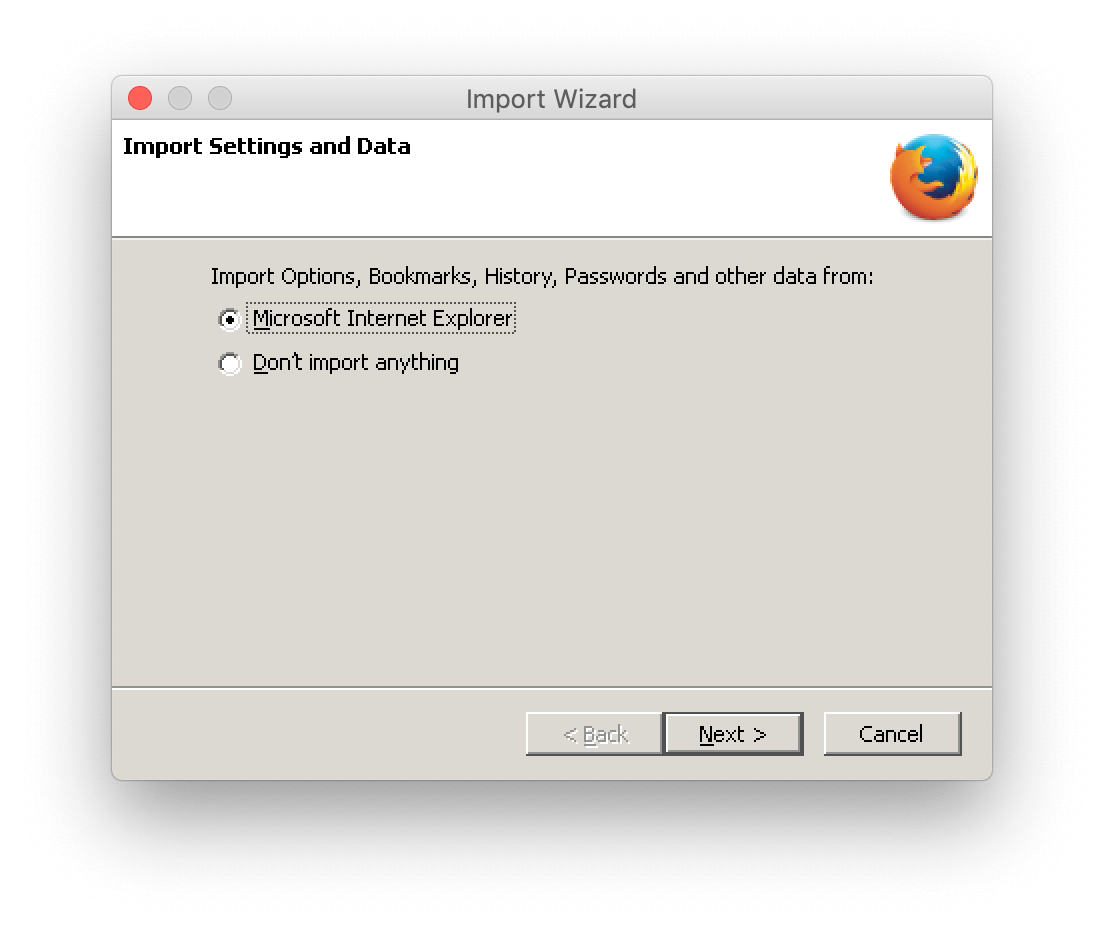 Firefox window prompting import settings and data