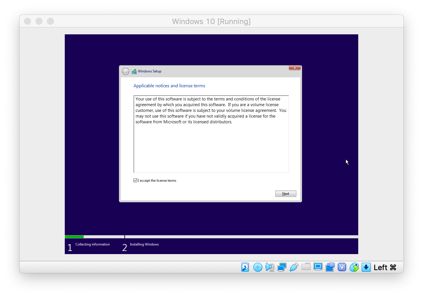 Windows Setup asking to accept license agreements