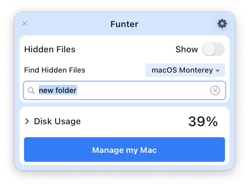 Funter window with New folder query in search field