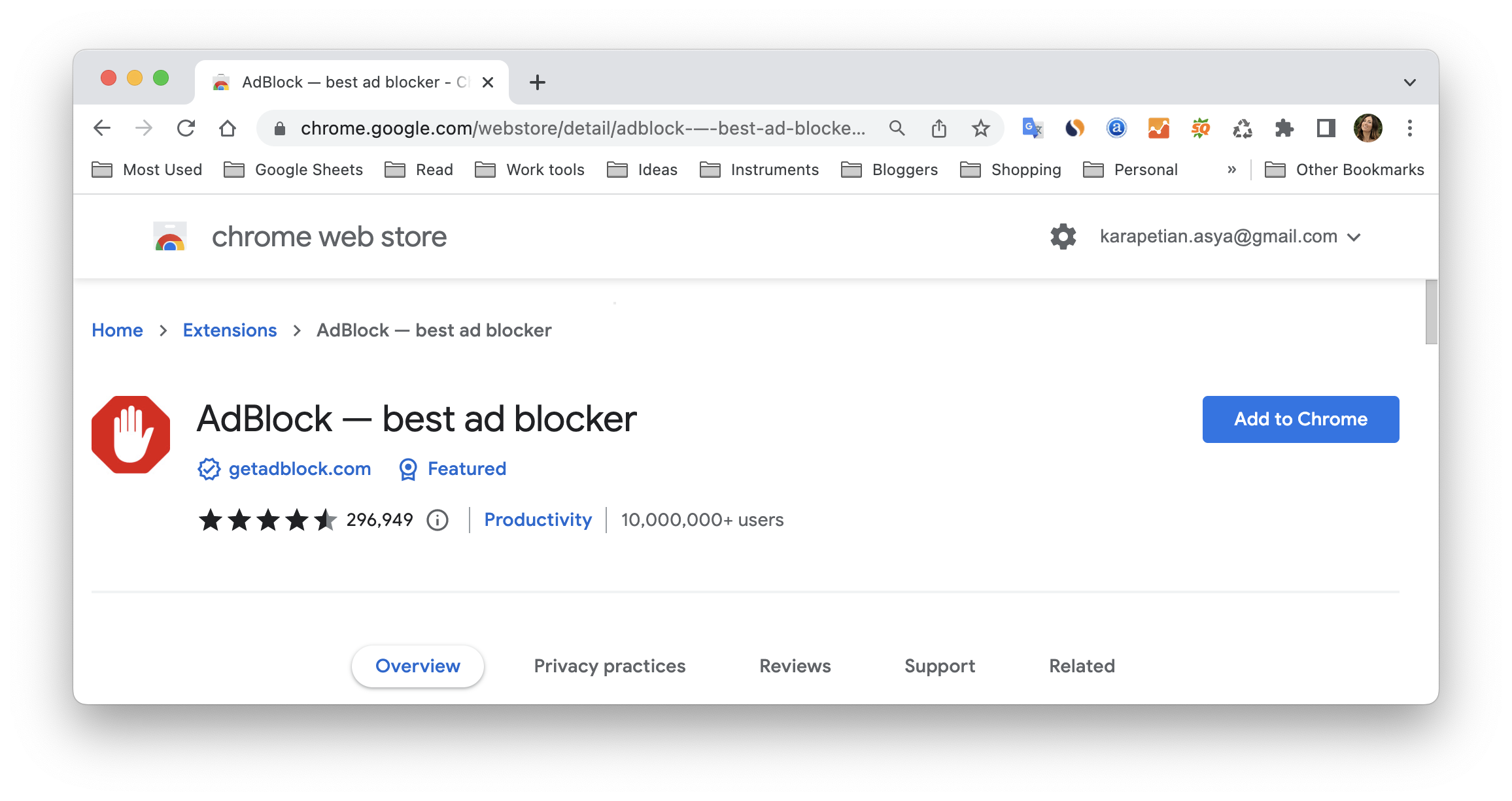 Adblock extension for Chrome page