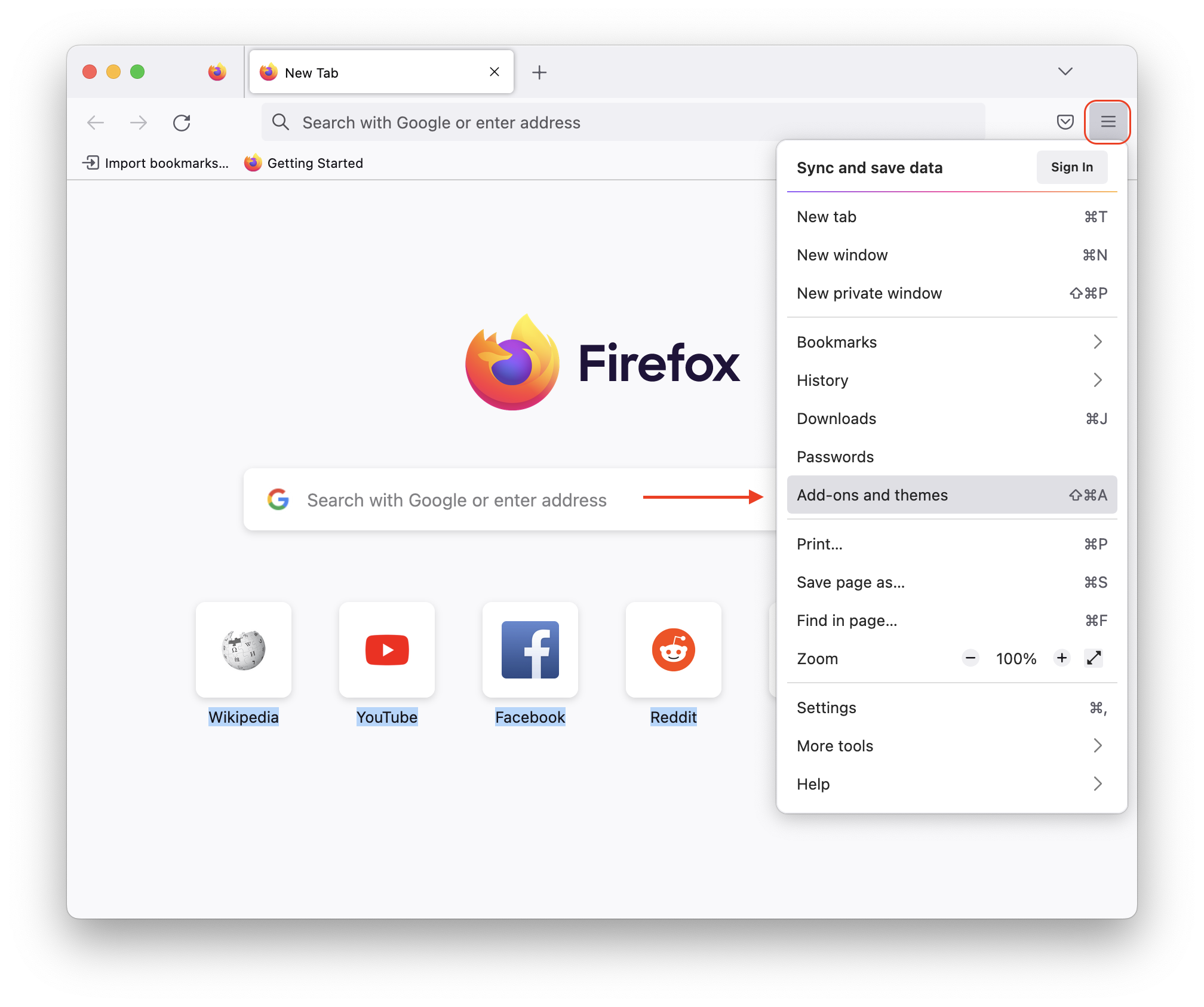 The Add-ons popup menu command in Firefox browser menu