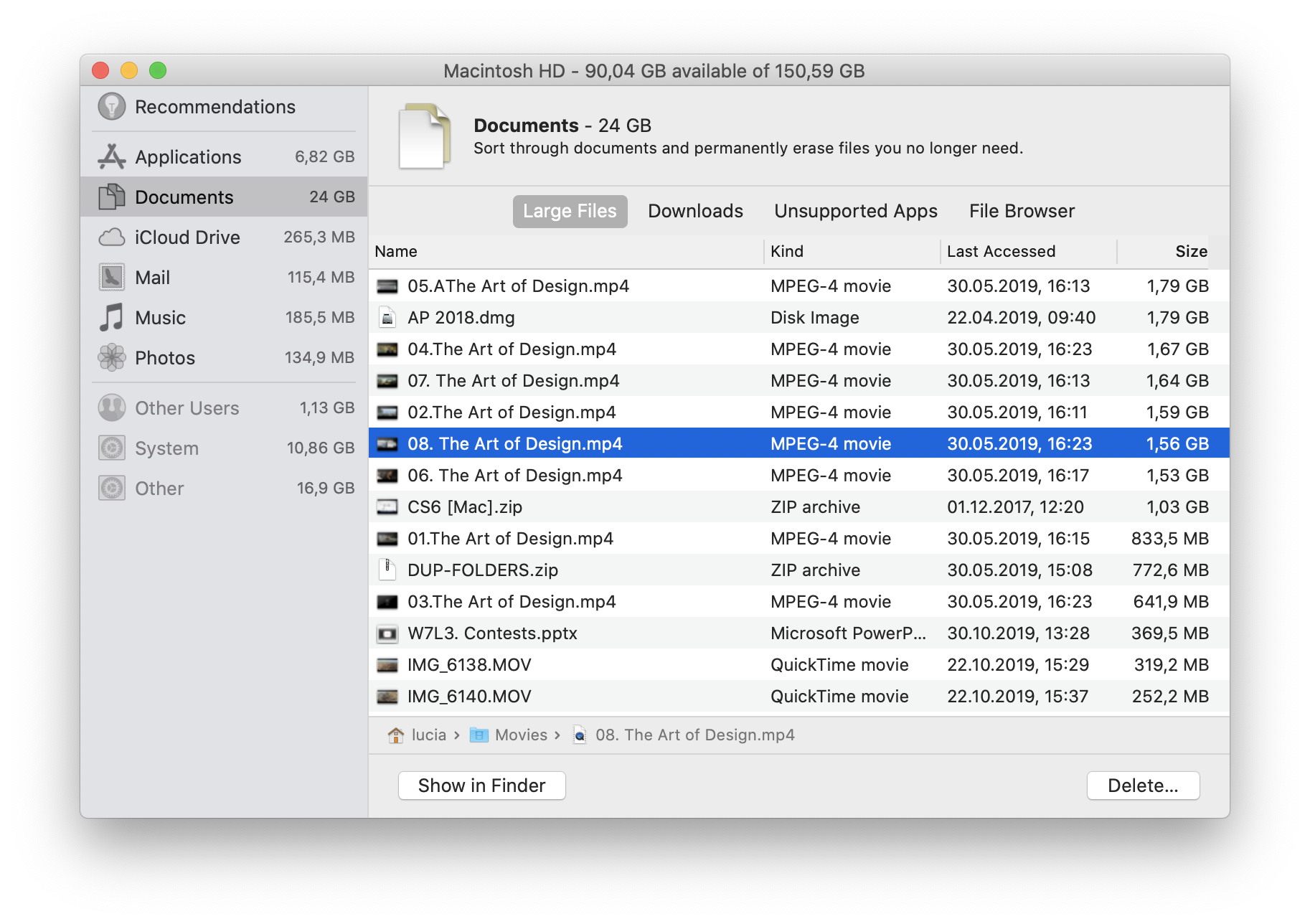 Recommendations Section - list of large documents on Mac
