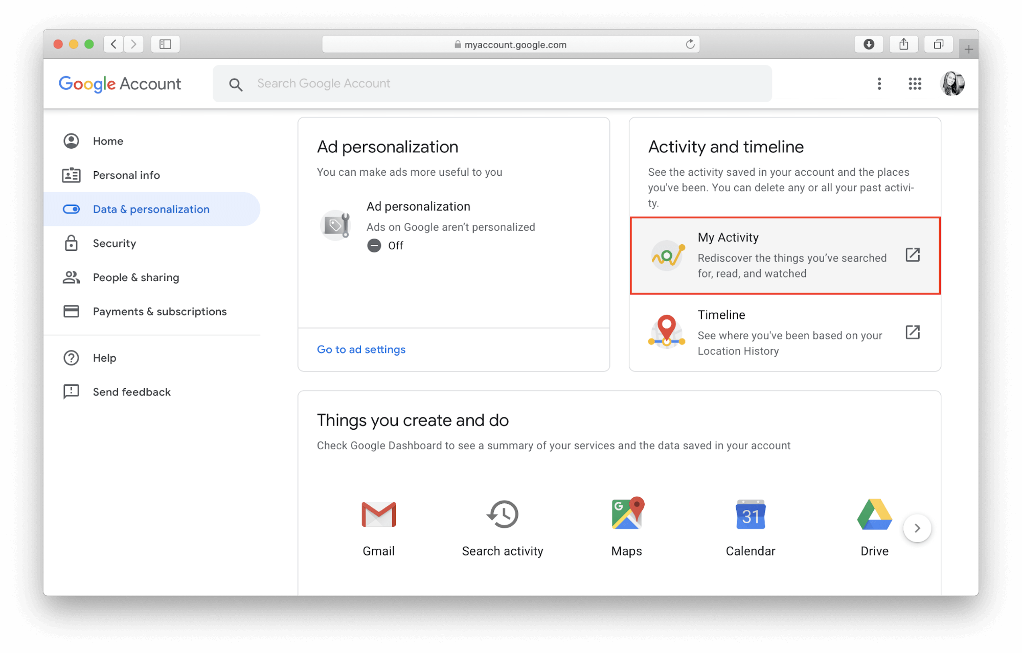 google account settings window