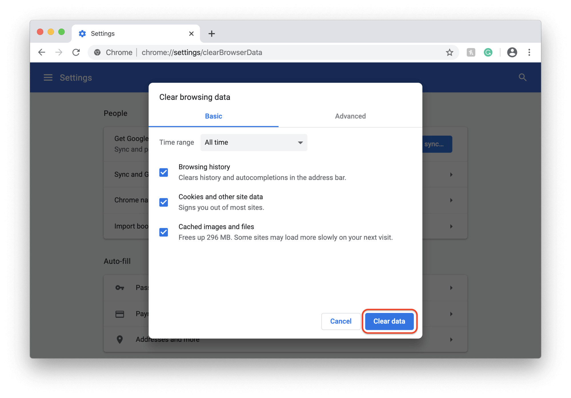 Clear browsing data window in Google Chrome