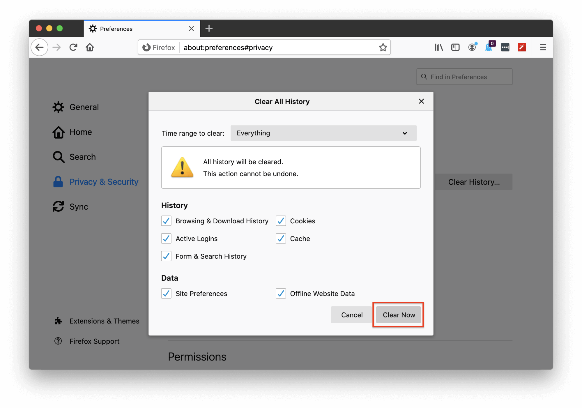 Firefox preferences - clear all history