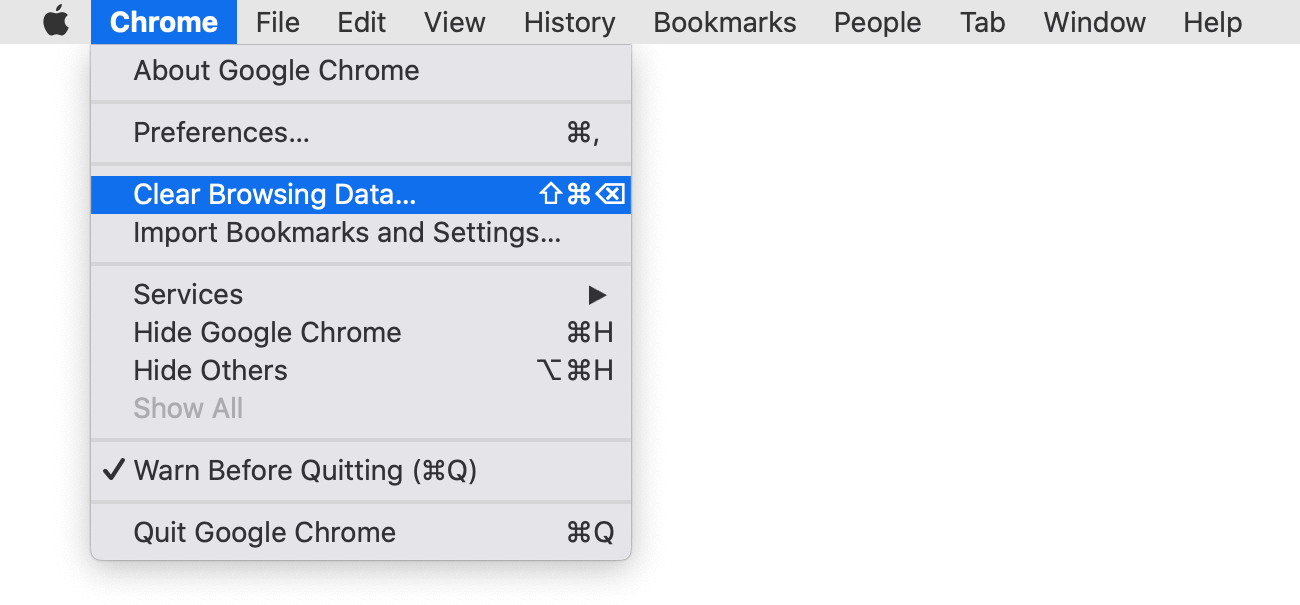 Google Chrome menu showing how to clear browsing data