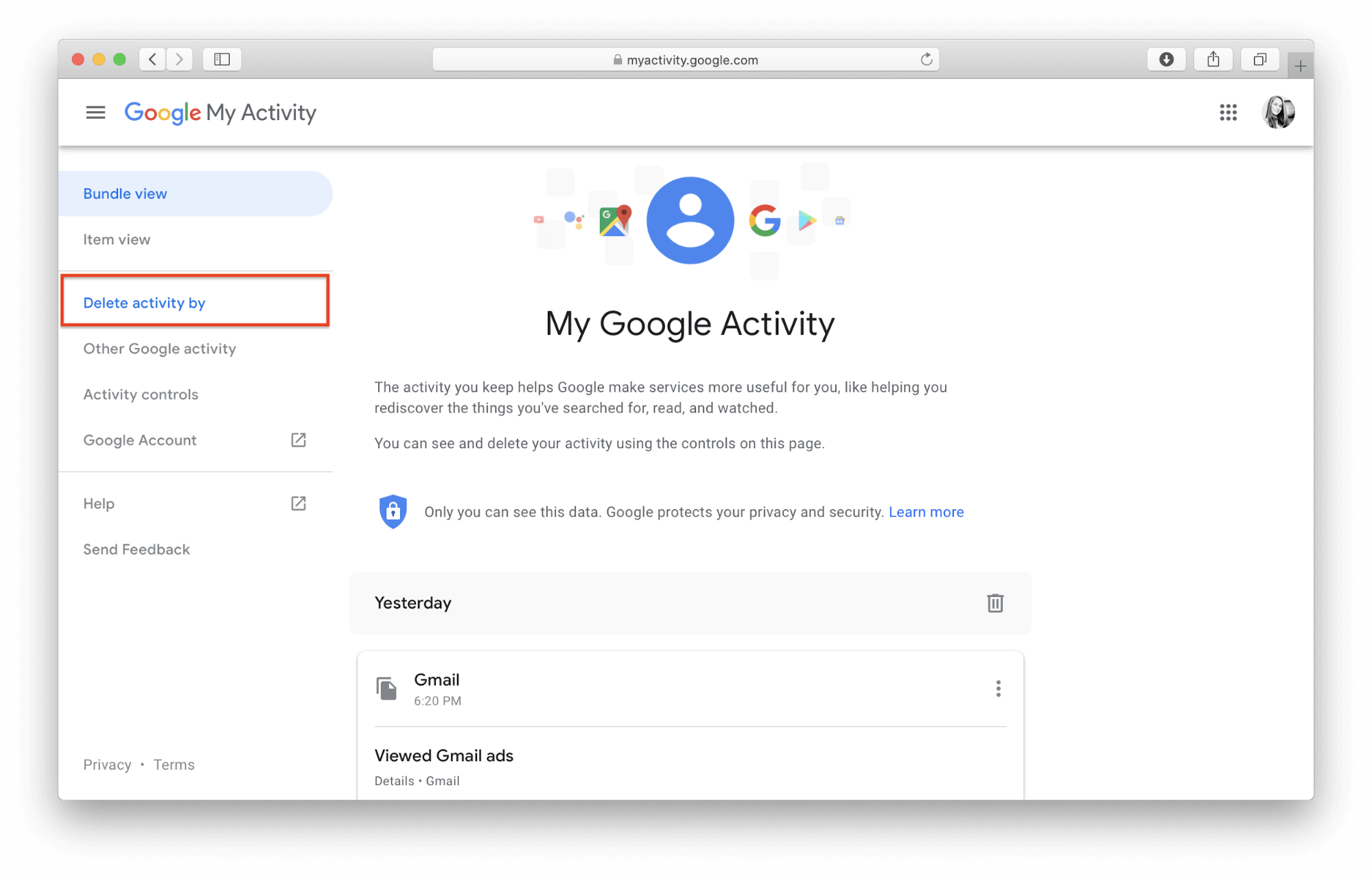 delete activity option in Google