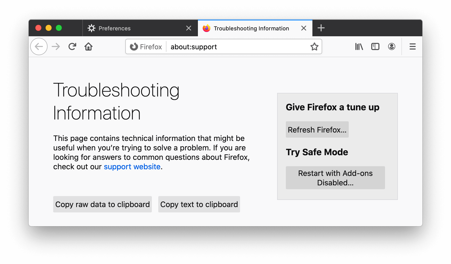 Firefox Troubleshooting Information window