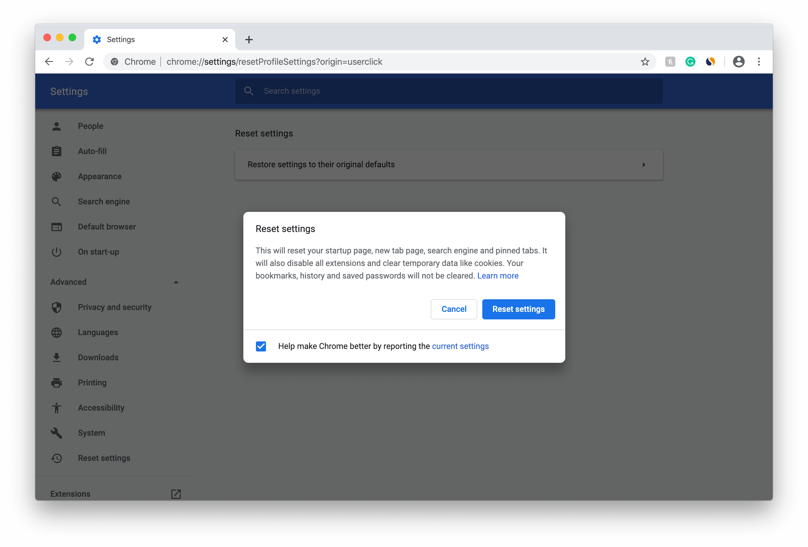 Chrome confirmation window to Reset settings 