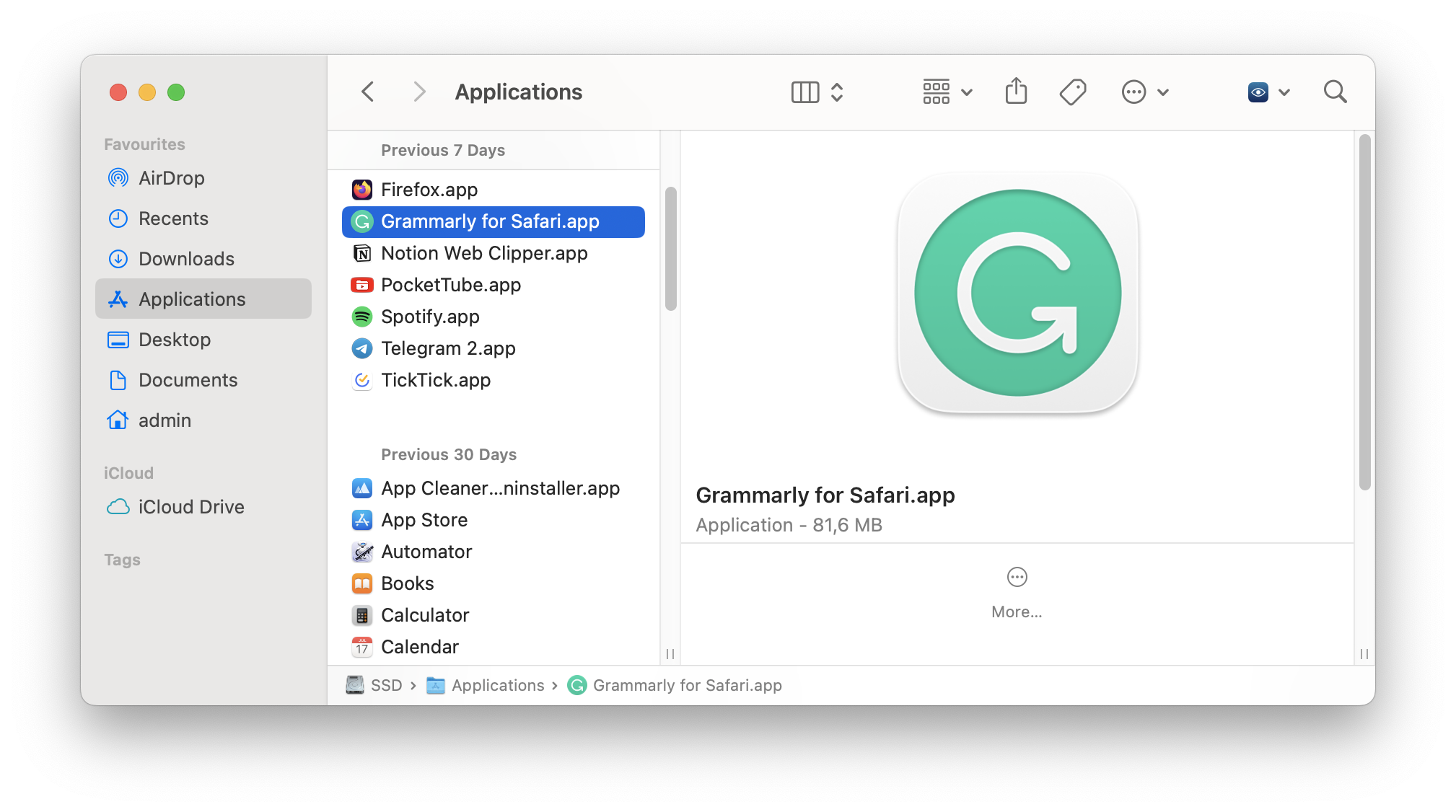 Grammarly for Safari application in Finder