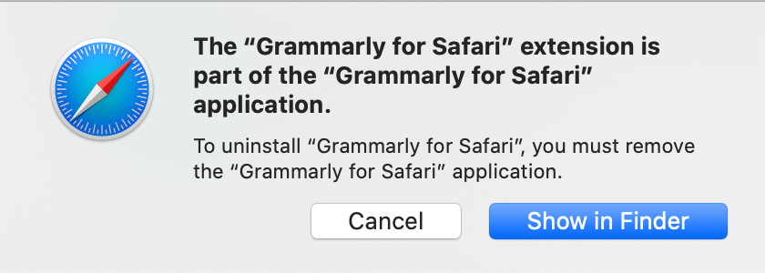 Safari notification to uninstall Grammarly for Safari application