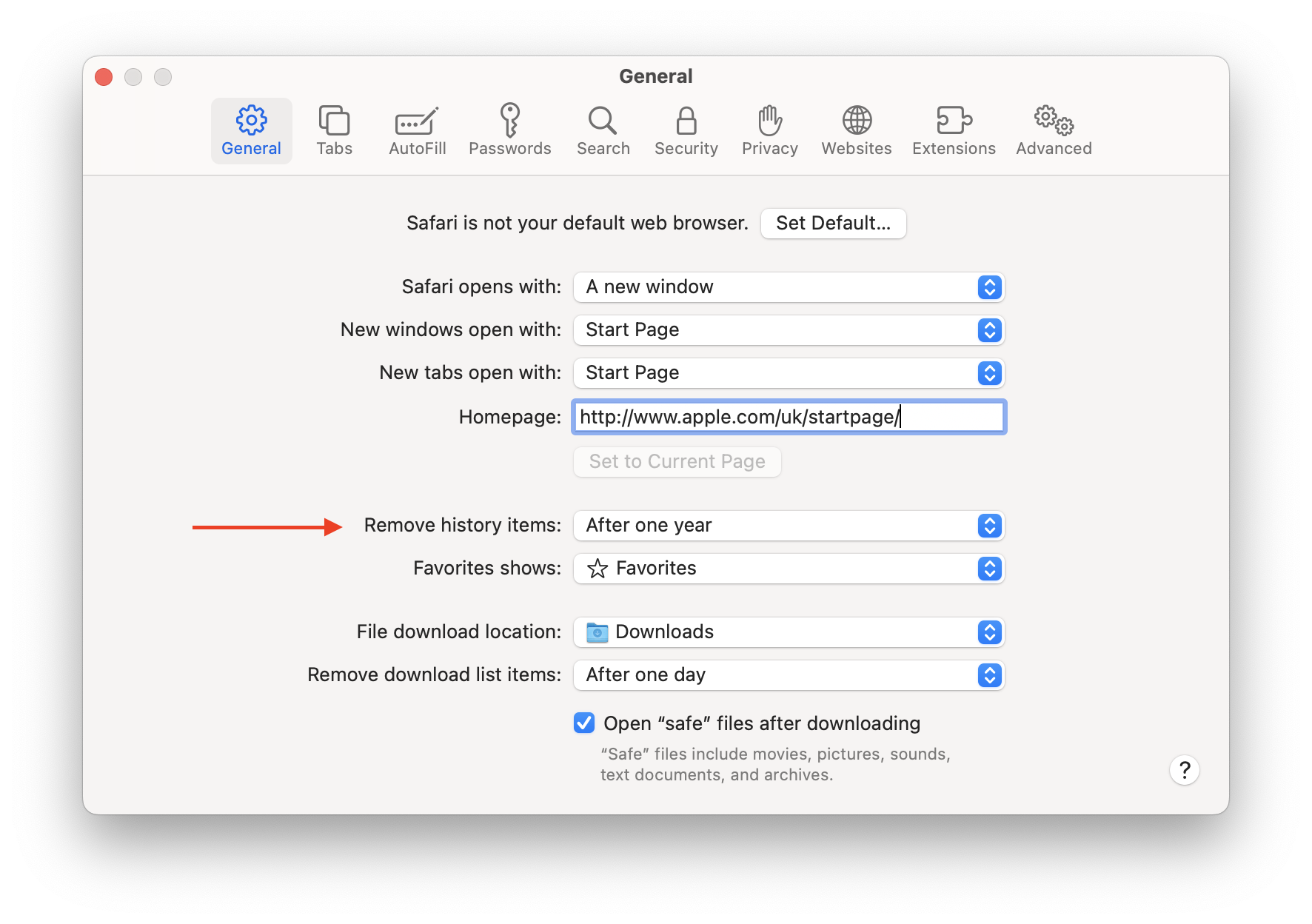 General panel in Safari settings window