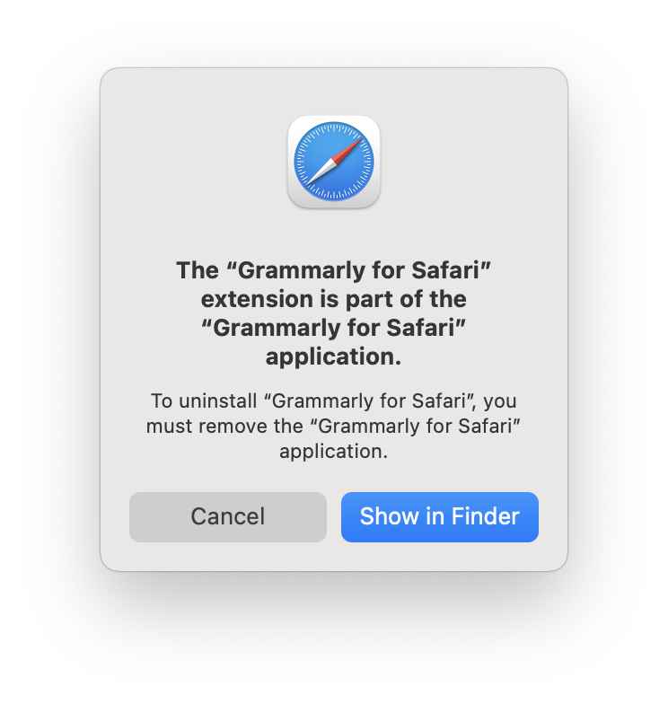 Safari notification to uninstall Grammarly for Safari application