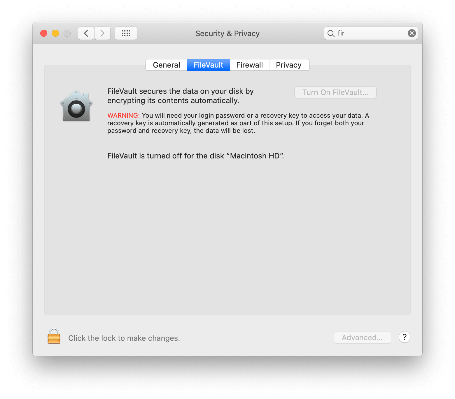 turn on FileVault