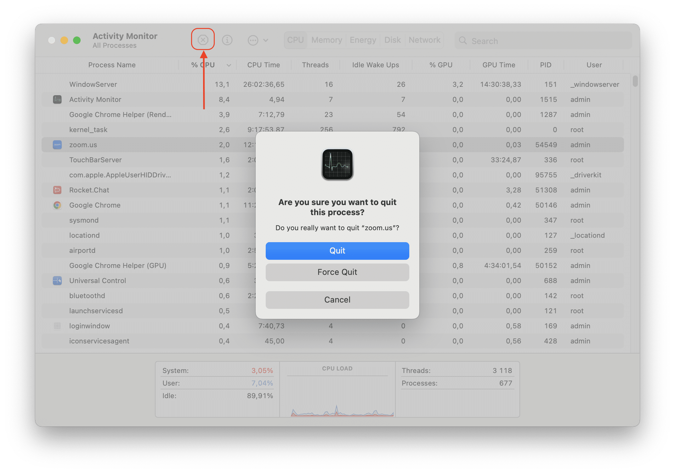 Activity Monitor showing the Force Quit button