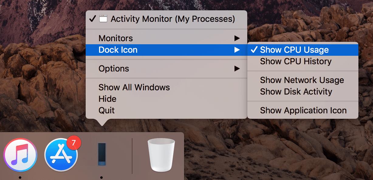 Dock panel - showing CPU usage option in context menu