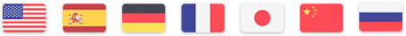 a támogatott nyelvek zászlói: Angol, Spanyol, Német, Francia, Japán, Kínai, Orosz