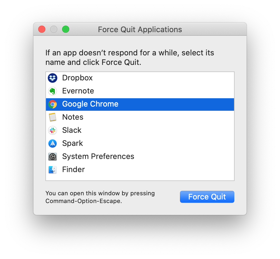 The Force Quit Applications window on Mac