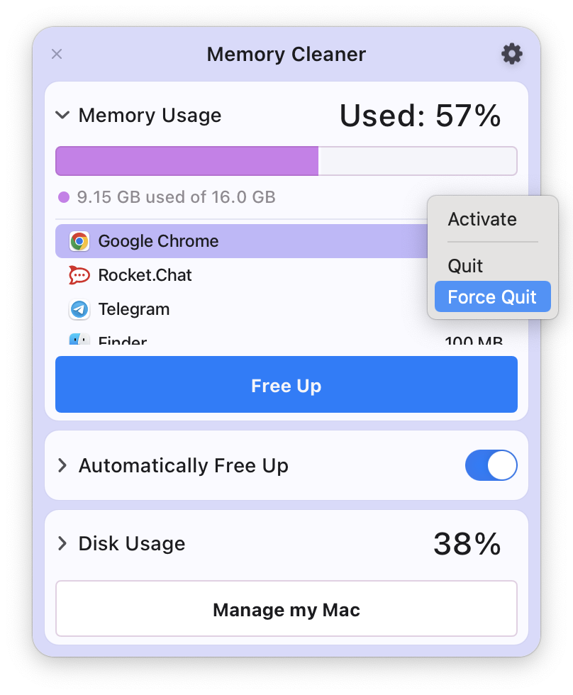 Force Quit command in memory cleaner popup menu